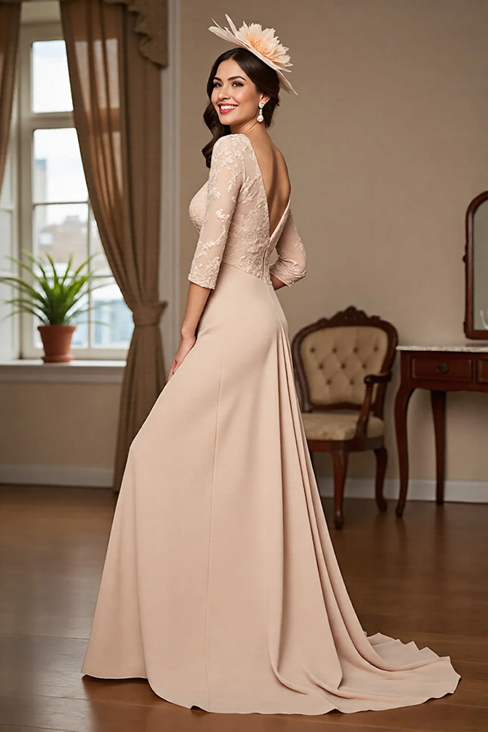Apricot Satin A Line Long Full Of Charm Mother of the Bride Dresses
